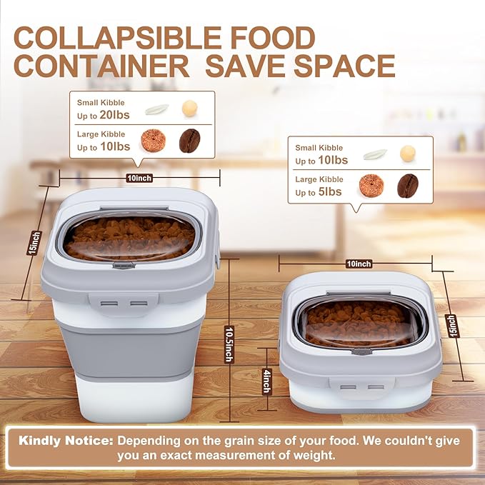 Dog Food Storage Container, 10-13lbs Collapsible Dog Cat Food Containers with Airtight Clear Flip-top and Pet Food Scoop, Pet Food Storage Container Bin for Dog Cat Bird and Other Pets Grey