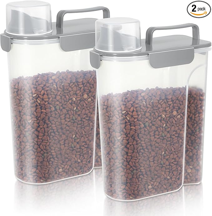 5-7Lbs Dog Cat Food Storage Container with Upgraded Large Nozzle BPA-free, 4 Snap Seals Plastic Pet Food Storage Containers with Handles (2, Light Gray, 5L)
