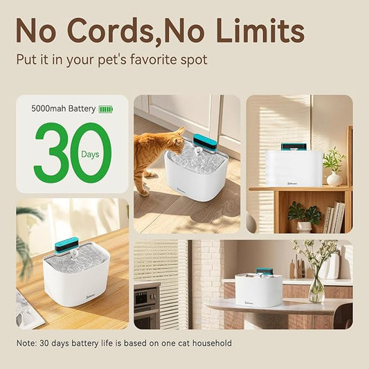 Cat Water Fountain, 122oz/3.6L Pumpless Cat Fountain, Cordless Water Fountains for Cats Indoor, Dog Pet Water Fountain Battery Operated with Stainless Steel Tray (White, Fountain+2 Fliters)