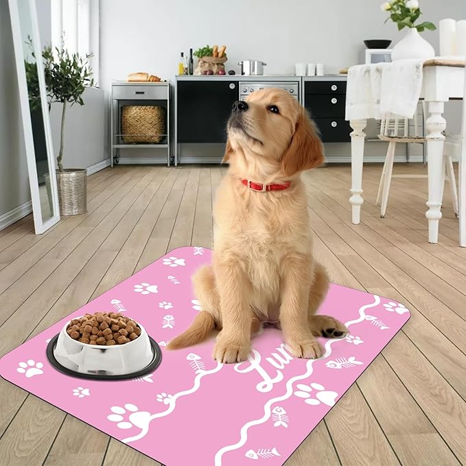 Personalized Dog Cat Feeding Mat Custom Pet Food Mat Waterproof Non-Slip Customized Puppy Name Photo Placemat Dish Rug Floor Protector Gifts for Pets Lover Pattern 3
