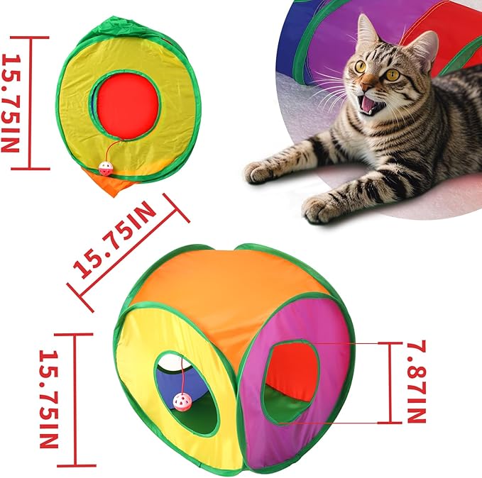 Coolcandy Cat Tunnel & Interactive Cat Toy Indoor, Cube Shape Tunnel Toys for Indoor Cats, Collapsible Interactive Peekaboo Cave with Play Ball, for Multi-Way Play & Small Animals