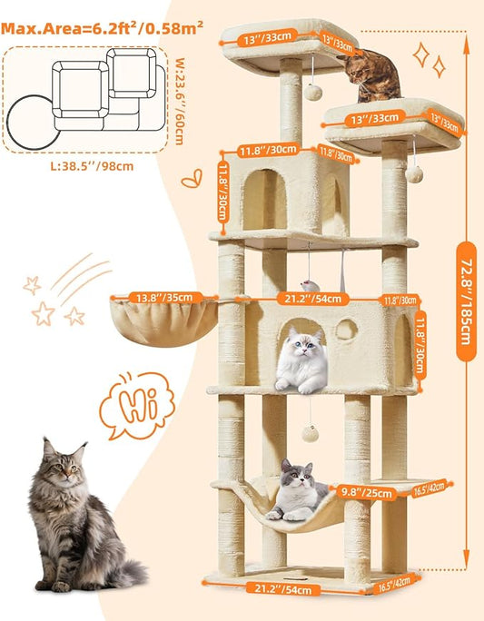 Taoqimiao Large Cat Tree,73-Inch Cat Tree Tower with 9 Scratching Posts for Indoor Cats, 2 Large Cat Condo with Hammock, Hanging Basket, 2 Extended Platform, Beige MS013XLM