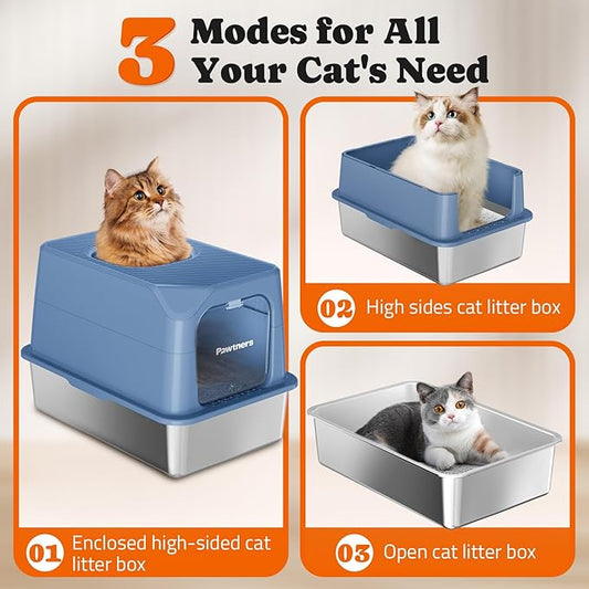 Pawtners Cat Litter Box, XL Extra Large Stainless Steel Kitty Litter Pan, Front Entry Top Exit Enclosed Metal Cat Toilet for Odor Control with Removable Lid & Scoop, Anti-Leakage, Easy to Clean, Blue