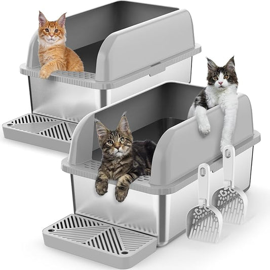 2 Pack 8" Deep Stainless Steel Litter Box with Lid, Extra Large & Deep Stainless Steel Cat Litter Box for Multipul Cats, Metal Litter Pan with Anti-Leakage High Wall, Litter Pan Easy Cleaning