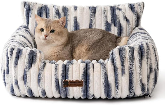 MEWOOFUN Cat Beds for Indoor Cats, Fluffy Cat Couch with Removable Washable Cover, Supportive Small Dog Beds for Puppy & Kitten up to 15 lbs (Blue Gradient, 24x19x12)