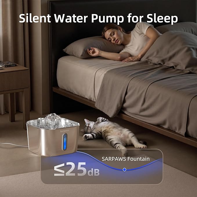 Cat Water Fountain Stainless Steel:74oz/2.2L Water Fountains for Cats Indoor, Cat Fountains for Drinking, Ultra-Quiet, Water Level Window, Pet Water Fountain - 6 Filters + 3 Sponges