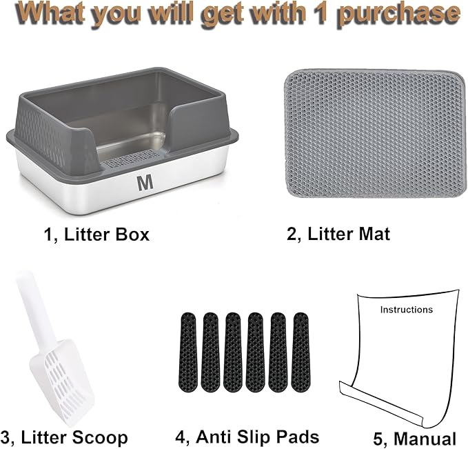 Enclosed Stainless Steel Cat Litter Box with Lid Medium Litter Box for Kitten Metal Litter Pan Tray with High Sides Scoop & Litter Mat Inside, Non-Sticky, Anti Leakage, Easy Cleaning (Gray, M)