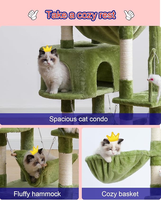 Cat Tree, Cat Tower for Large Cats with 2 Big Platforms, 2 Baskets, condo and Toys, 63" Cat Scratching Posts for Indoor Cats, Green GCT020GR