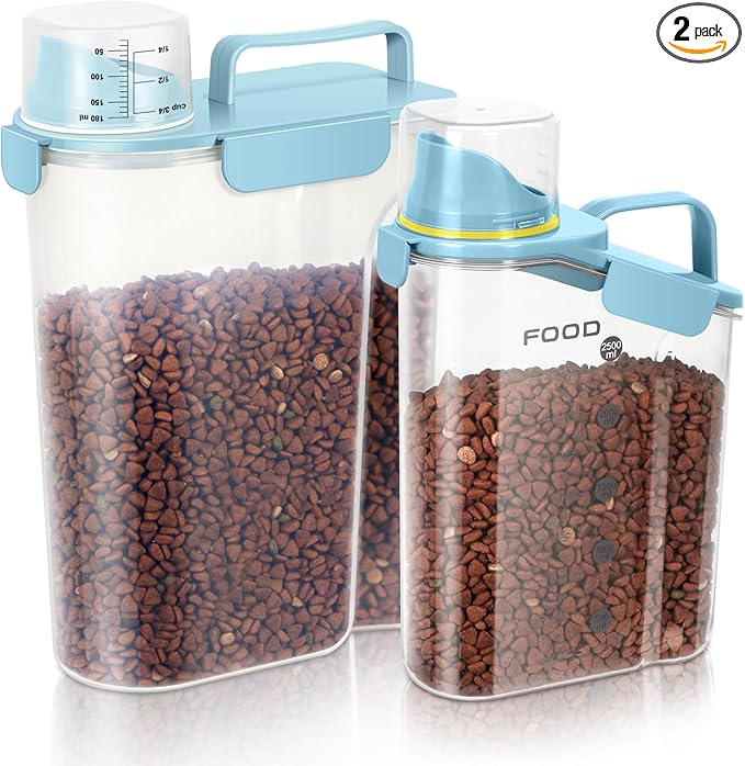 Dog Food Storage Container, Upgraded Large Nozzle BPA-free, 8-12 LBS Plastic Pet Food Storage Containers, With 4 Sealed Clasps, 1 Measuring Cup and Handle (2, Natural Blue (3L+5L), (3L+5L))