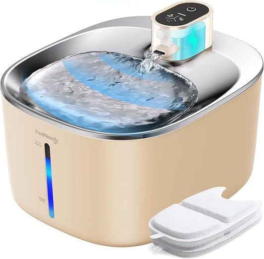 Cat Water Fountain Battery Operated, 4L/135 fl oz Pet Water Fountain for Cats and Dog with Motion Sensor, Ultra Quiet Cat Drinking Fountain with 2 Filters (Beige YPD-C004P)