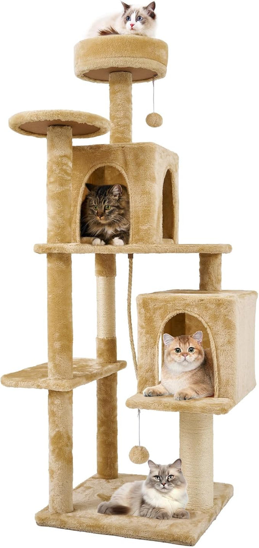 59in Large Cat Tree Tower for Indoor Cats with Soft Plush Hang Ball, Two Condos, Sisal Scratch Posts & Rope Play for Kittens/Adult Cats, New Beige