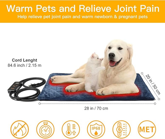 Toozey Pet Heating Pad, 6 Adjustable Temperature Dog Cat Heating Pad with Timer, Waterproof Heated Dog Bed with Chew Resistant Cord, Indoor Electric Pet Heated Mat 28x20in