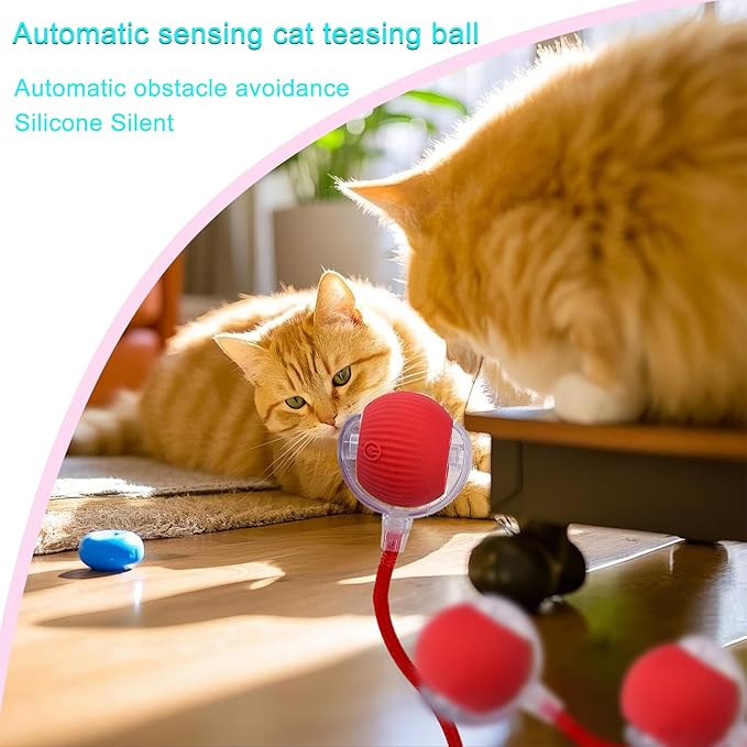 Interactive Cat Dog Toy Ball: Indoor Small Automatic Moving Smart Rolling Fun Pet Game with Led Light and String Tail for Motion Activated, Cute Kitten Puppy Present, Exercise Wheel Supplies (Red)