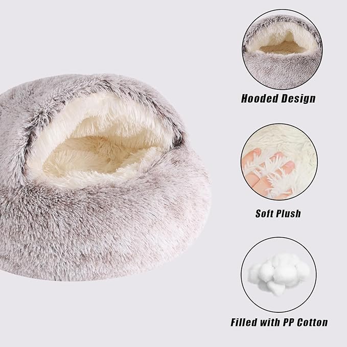 Coffee Round Hooded Cat & Dog Bed - Cave Cover, Faux Fur Cuddler, Self Warming Donut Bed, Fits up to 12 lbs Pets (20" x 20")