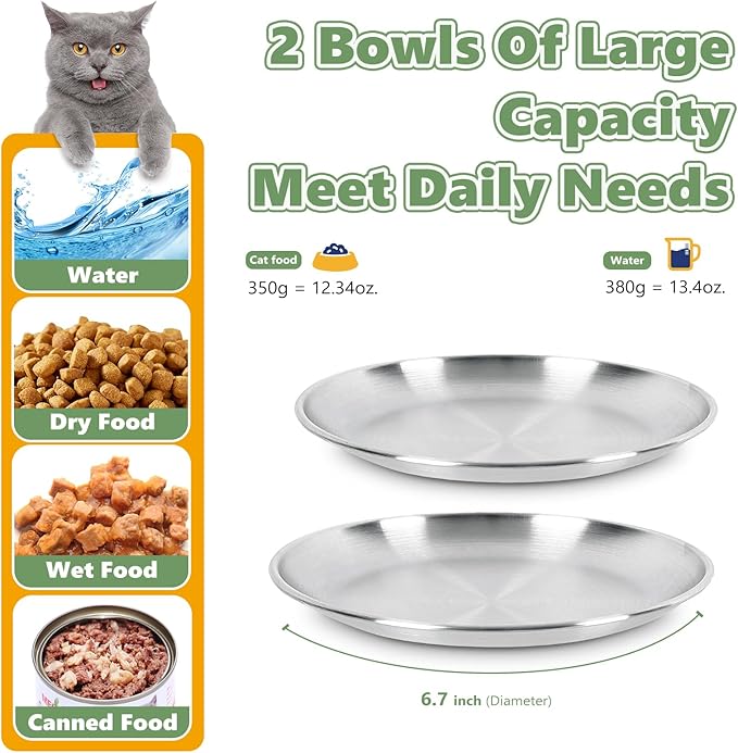 6-Pack Stainless Steel Cat Food Bowls – Shallow Whisker-Friendly Non-Slip Silicone Base,Easy to Clean Indoor Feeding Dishes(6.7")