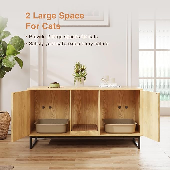 Cat Litter Box Enclosure for 2 Cats, 47.6’’ Litter Box Furniture Hidden with Scratch Pad, Double Room Large Cat Cabinet, Indoor Pet House TV Stand Side Table,Cats Washroom, Natural
