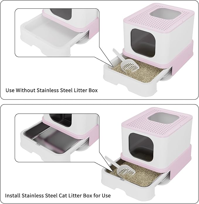 RIZZARI Cat Litter Box, Foldable Cat Box with Drawer, Large Capacity Litter Box with Lid, Top Opening Litter Pan for Small to Big Cats (Pink-Stainless Steel Basin)