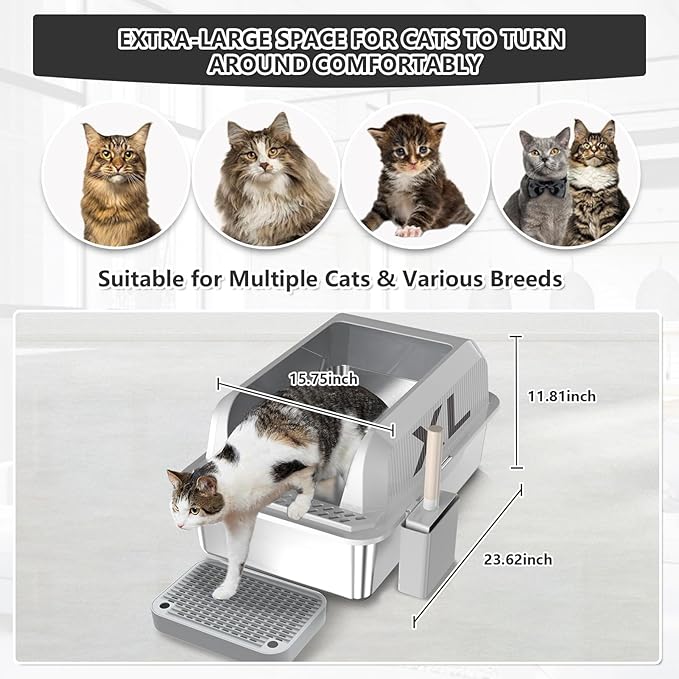 Stainless Steel Cat Litter Box with Lid Extra Large Metal Pan Tray with Enclosed High Sides for Big Cats Multi-Cat, XL Non-Stick Anti-Leakage Easy Cleaning Includes Scoop(Grey)
