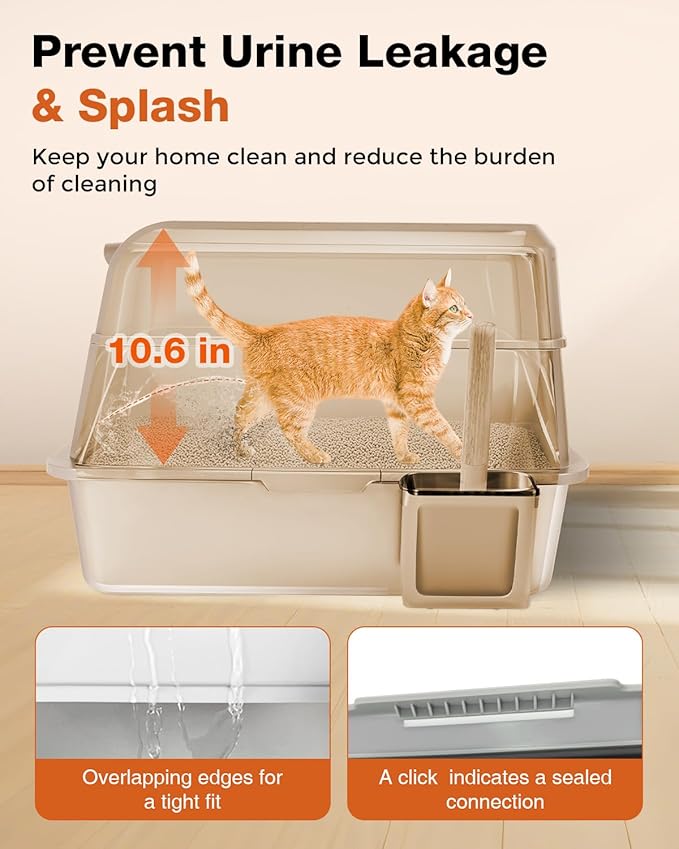 Stainless Steel Litter Box with Lid - Extra Large Cat Litter Boxes for Big Cats with Mat & Scoop - Anti-Leakage, Odor-Proof, High-Sided, Non-Stick& Easy to Clean - Ideal for Multi-Cat Homes - Khaki