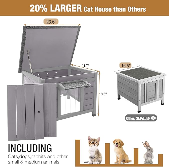GUTINNEEN Outdoor Cat House Insulated Cat House Weatherproof Feral Cat Shelter with Hinged Asphalt Roof & Covered Opening, PVC Door Curtain, Raised Floor for Cats