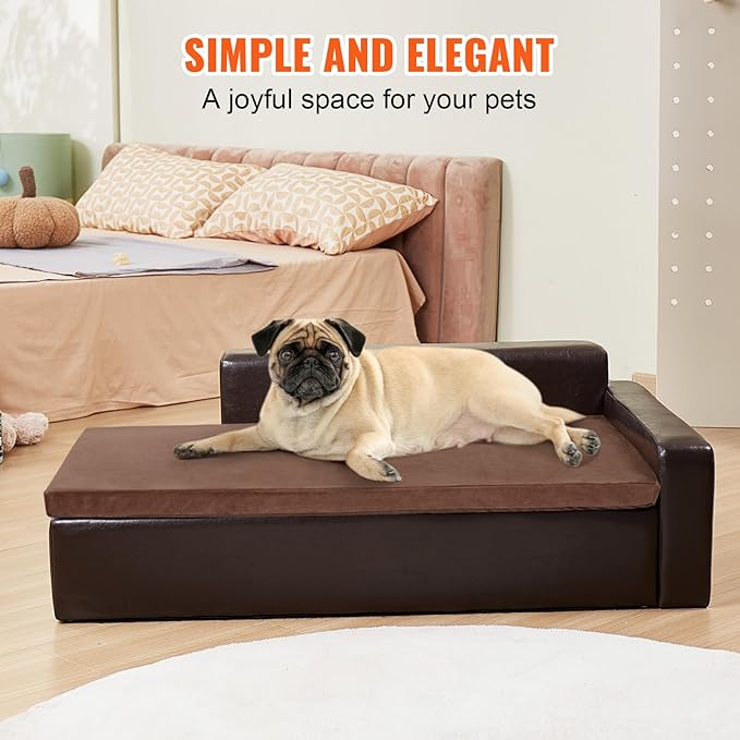 VEVOR Dog Bed, Dog Couch for Small Dogs and Cats, Leather Pet Sofa and Chair, 60 lbs Load Capacity, Black/Brown