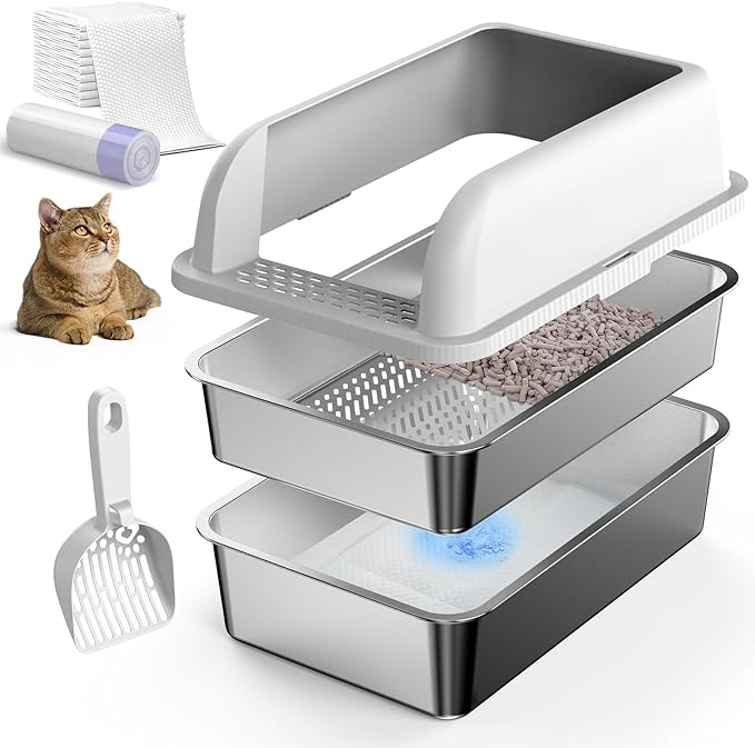 23.6''x16''x12'' Enclosed Stainless Steel Litter Box with Lid, XL Sifting Litter Box for Pine Pellets, High Sides Metal Litter Box System for Big Cats, Anti-Leakage, Easy Cleaning, Less Tracking