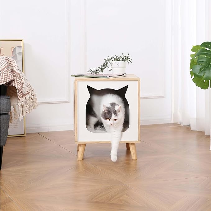 Cat House Wooden Cat Condo Cube Shaped,Modern Cat Bed Side Table & Nightstand,Cat Shelter Furniture with Cushion Cat Scratch Pad,Natural