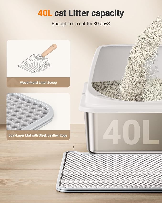 Stainless Steel Cat Litter Box with Scoop, Metal Litter Box High Sided, Cat Litter Box Enclosure, XL Extra Large High-Sided Litter Boxs (Anti-Urine Leakage, Include Scoop) (Black&White)