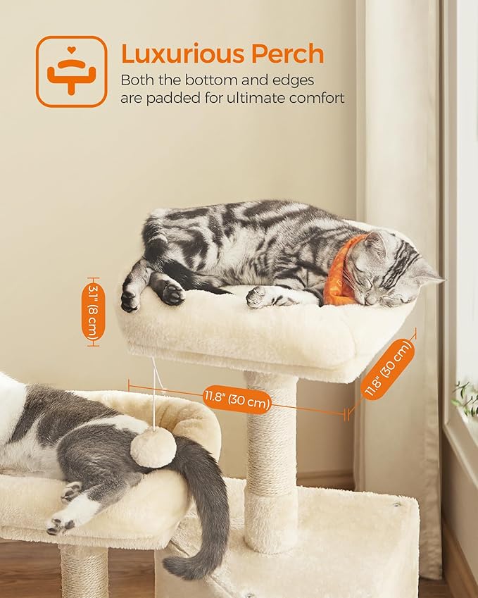Feandrea Cat Tower, 45.3-Inch Cat Condo with Scratching Post, Ramp, Perch, Spacious Cat Cave, for Kittens, Elderly Cats, Adult Cats, Small Space, Beige UPCT141M01