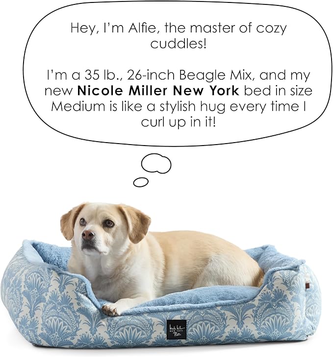 Nicole Miller New York PET Mod Damask Plushy Bolster Pet Bed, Cozy & Calming, Non-Slip Bottom, Machine Washable Cover, Blue, Medium 30"x23"x8"