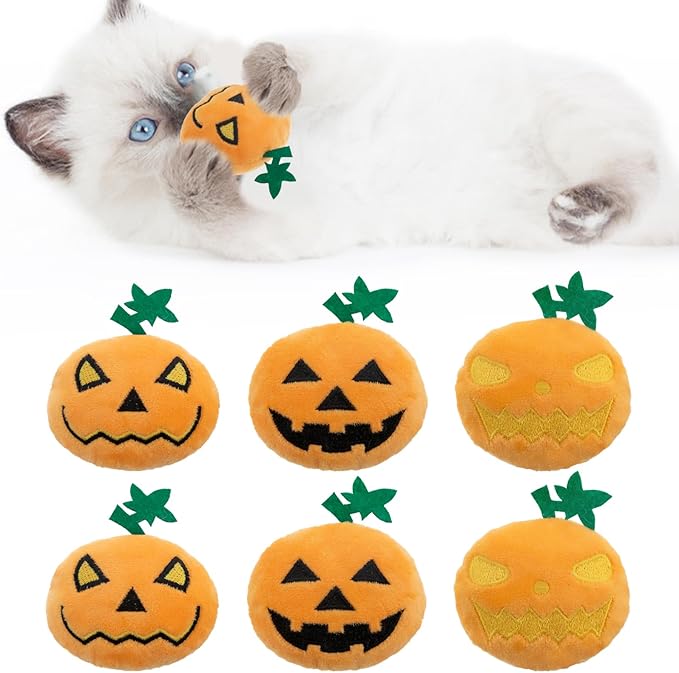 6pcs Halloween Pumpkin Catnip Toy,Hallowen Indoor Pumpkin Shaped Cat Toy Plush Interactive Chew Bite Toys for Cat Kitten Indoor Festive Holiday Cat Lover Gift