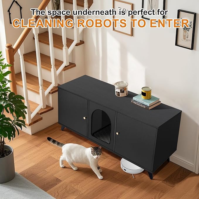 Cat Litter Box Enclosure for 2 Cats, Modern Hidden Litter Box Furniture with Double Room, Large Cat House Washroom Cabinet with Scratche Pad, 46.5" x 19.7" x 19.7" (Black)