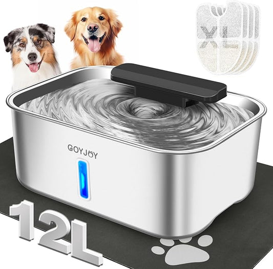 Dog Water Fountain for Large Dogs,3 Gallon Stainless Steel Dog Water Bowl Fountain,Large Pet Water Drinking Fountain with Deeper Drinking Area,Swirling Filtration Design with Fresher & Cleaner Water