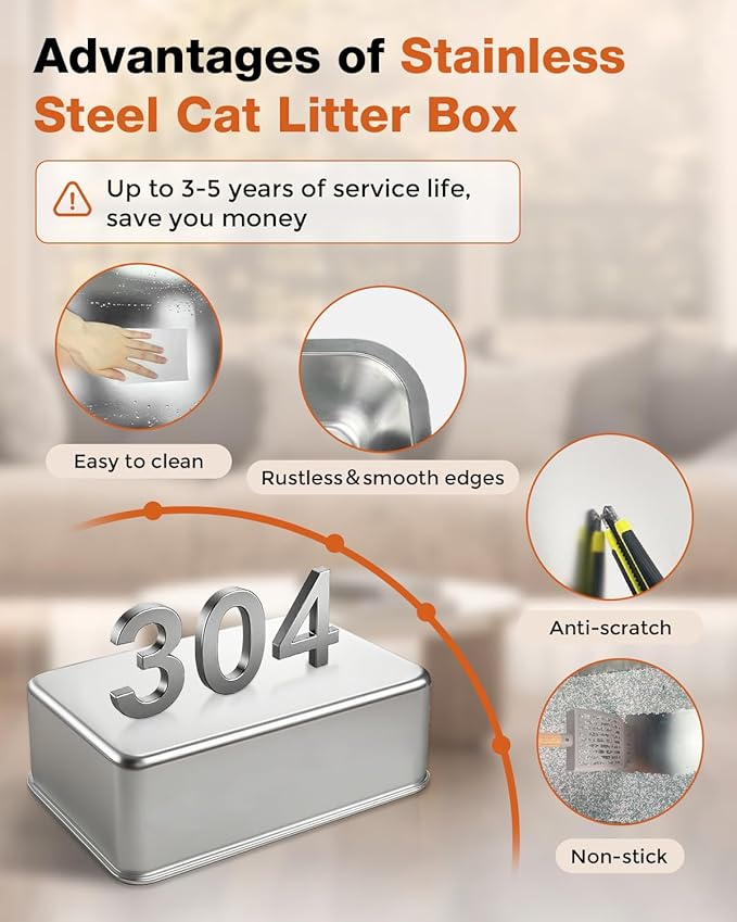 Stainless Steel Litter Box with Lid - Extra Large Cat Litter Boxes for Big Cats with Mat & Scoop - Anti-Leakage, Odor-Proof, High-Sided, Non-Stick& Easy to Clean - Ideal for Multi-Cat Homes - White