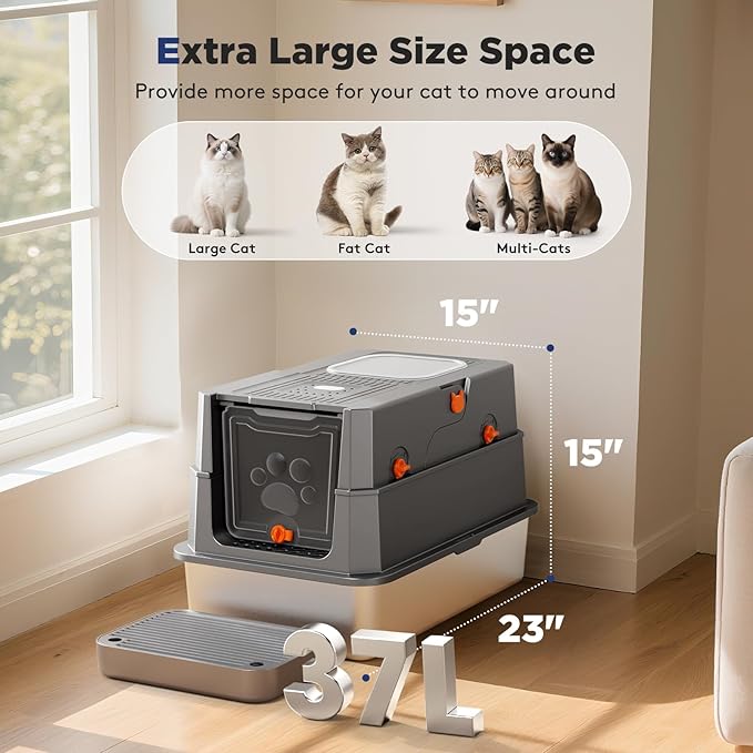 FURTIME Stainless Steel Litter Box with Lid, XL Extra Large Enclosed Cat Litter Box for Big Cats, Metal Cat Box with High Sided Enclosure & Scoop, Front & Top Entry, Odor Free, Anti-Leakage, Grey