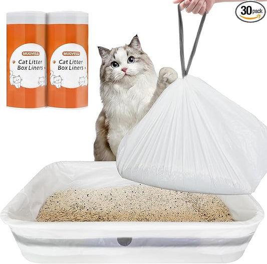 Cat Litter Box Liners 30 Count, 37" x 18" Jumbo Cat Litter Bags with Drawstring, XL Heavy Duty Litter Pan Liners, Litter Box Liners Tear Leak Resistant for Pet Supplies Simple Access