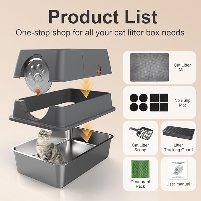 Stainless Steel Cat Litter Box with Lid XL Extra Large Kitty Litter Box Enclosed Top Entry Metal Litterbox for Big Cats Easy Cleaning Anti-Leakage & High Sided with Mat Aisle & Scoop (Dark Grey)