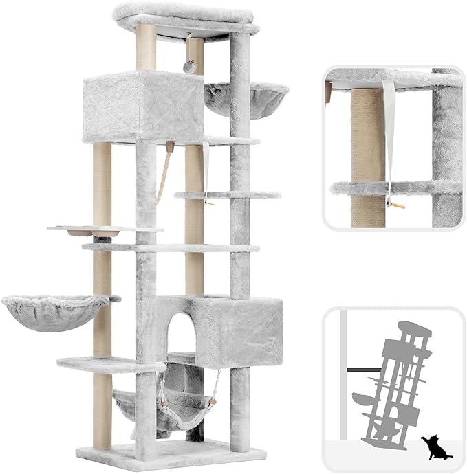 Hey-brother Cat Tree, 70.8 Inches Multi-Level Cat Tree Tower for Large Cats, Heavy Duty Cat Tower with Cat Condo,Baskets, Cat Scratching Posts, Big Hammock and Food Bowls, Light Gray MPJ036W