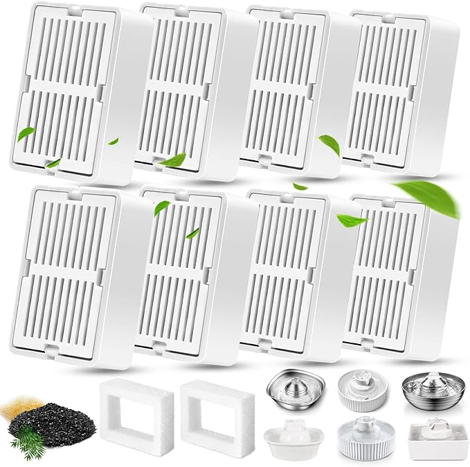 Cat Water Fountain Filters, 8 Carbon Filters& 2 Foams Filters with Holders, Pet Water Fountain Filters