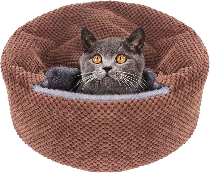 Winsterch Washable Cat Bed - Round Soft, Cozy & Warming for Indoor Cats. Calming Kitten Pet Bed. Small Pet Covered Cat Cave Beds (Coffee,12.59 x 12.59 x 5.91 in)