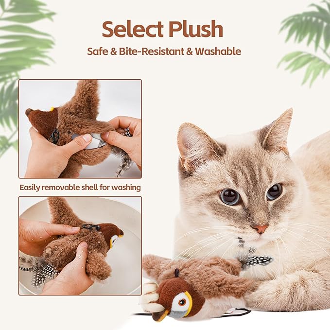 Flappy Bird Cat Toy for Indoor Cats, Simulated Chirping Flapping Wings Bird, Interactive Catnip Toys, Plush Kitten Exercise Toys (Brown Sparrow)