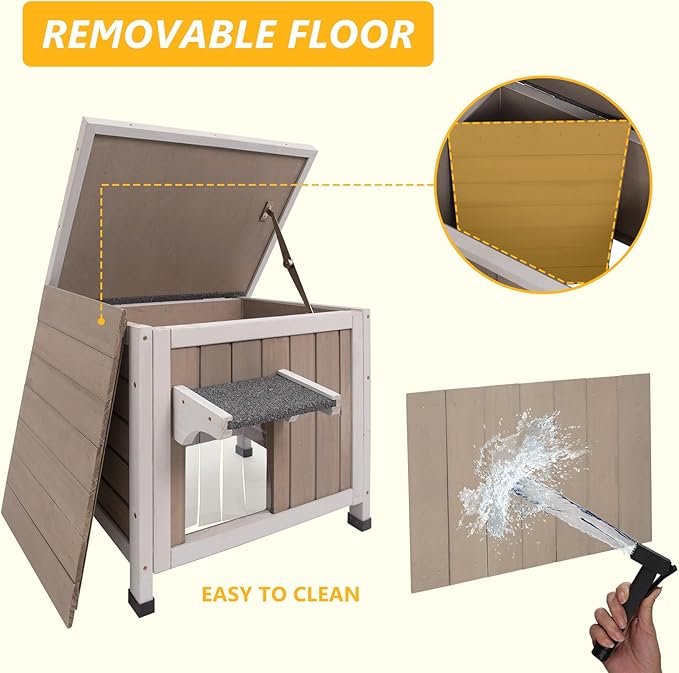 22.44" L Cat House,Feral Cat Shelter for Summer Cats,Outdoor Weatherproof Cat Enclosure with Openable Asphalt Roof & 2 Escape Doors for Small Cats,Suit for 1-2 Cat,Grey