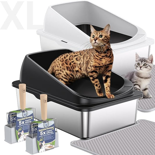 Stainless Steel Cat Litter Box with Scoop, Metal Litter Box High Sided, Cat Litter Box Enclosure, XL Extra Large High-Sided Litter Boxs (Anti-Urine Leakage, Include Scoop) (Black&White)