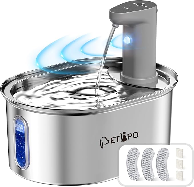 Wireless Cat Water Fountain Stainless Steel, 108oz/3.2L Cat Fountain Battery Operated, Cordless Water Fountains for Cats Indoor Drinking with Motion Sensor,Pet Water Dispenser with 3Filters + 3Sponge
