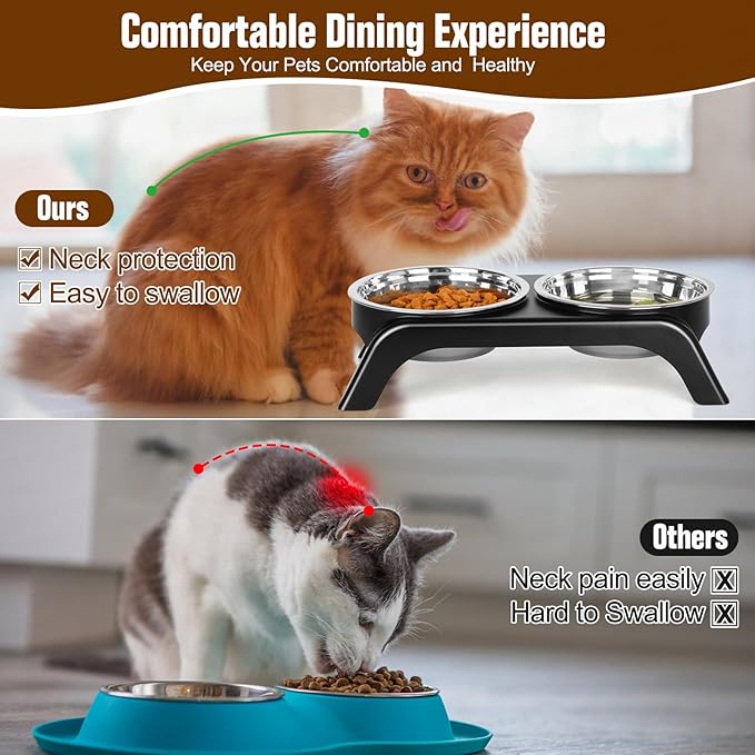 Elevated Cat Bowls - Anti-Vomiting Raised Food Bowl Set With 2 Stainless Steel Bowls, Prevents Neck Pain, ABS Anti-Slip Stand for Indoor Cats & Puppies (Black)