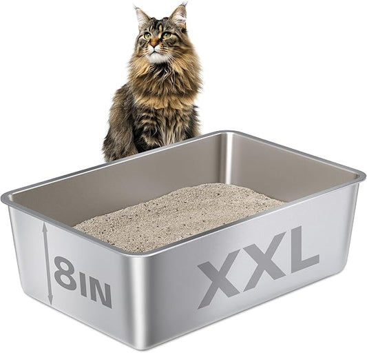 XXL Stainless Steel Litter Box,Metal Cat Litter Box XLarge Easy Clean,Cat LitterBox 8in Gigh Side for Big Cats/Multiple Cats,Non Stick No Smell