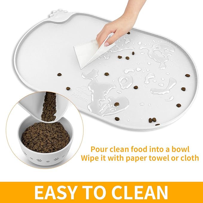 KPWACD Pet Placemat for Dog and Cat, Waterproof Silicone Dogs Feeding Bowl Mat Prevent Food and Water Overflow, High-Lips Puppy Dish Mats Suitable for Small Medium Big Pets, White, 19" * 12"