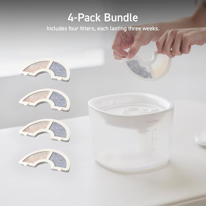 ELECOM Automatic Pet Water Fountain for Cats and Dogs, Silent Aqua Water Fountain Replacement Filters, High-Density 3-Stage Filtration (Filters x4, 2 Liters)