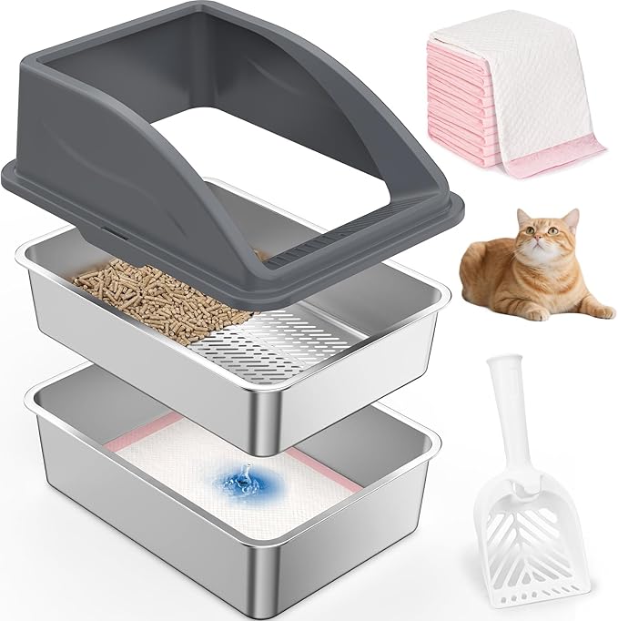 Stainless Steel Litter Box for Pine Pellet Cat Litter Non Clumping Litter System | XXL Sifting Cat Litter Box with Lid for Big Cats | High Sided, Anti-Urine Leakage | Non-Stick Bottom