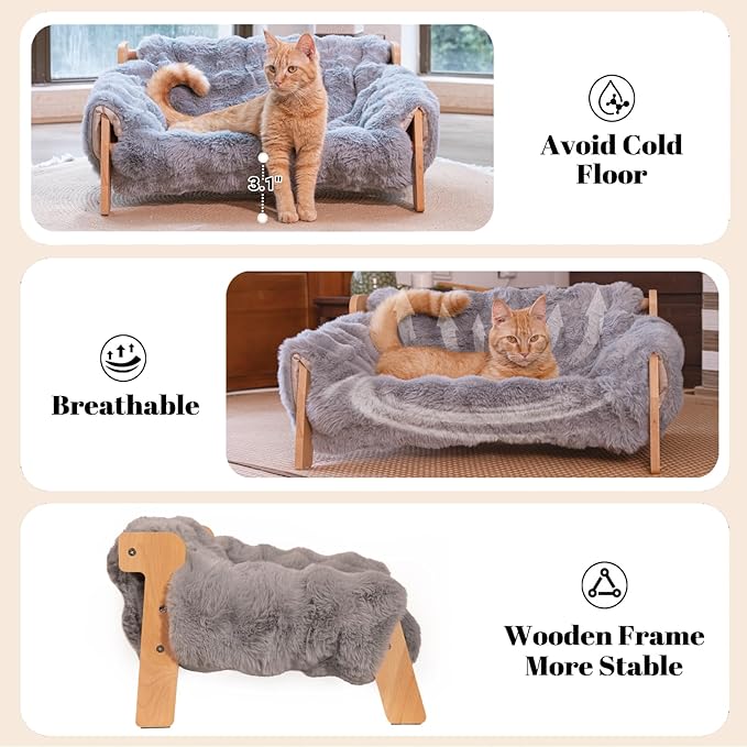 Elevated Cat Couch Bed for Indoor, Wooden Cats Sofa with Washable Fluffy Cover Raised Kitty Lounge Chair Suitable for Puppy(Cat Sofa Grey)